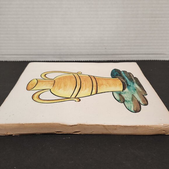 Vintage Kitchen Clay Tile Hand Painted with a Golden Amphora Vase Grazed 8.2" - Picture 5 of 8